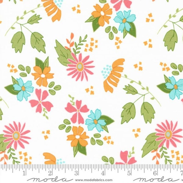 Bountiful Blooms Off White 37660 11 By Sherri & Chelsi For Moda, Flower Fabric,  White Background,  Pink Floral,  Orange Floral, Blue Floral