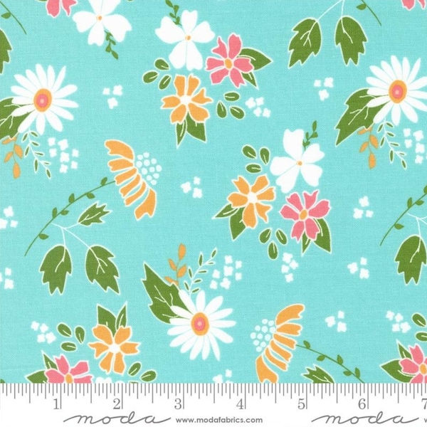 Bountiful Blooms Spray 37660 18 By Sherri & Chelsi For Moda, Flower Fabric,  Blue Background,  Pink Floral,  Orange Floral, White Floral