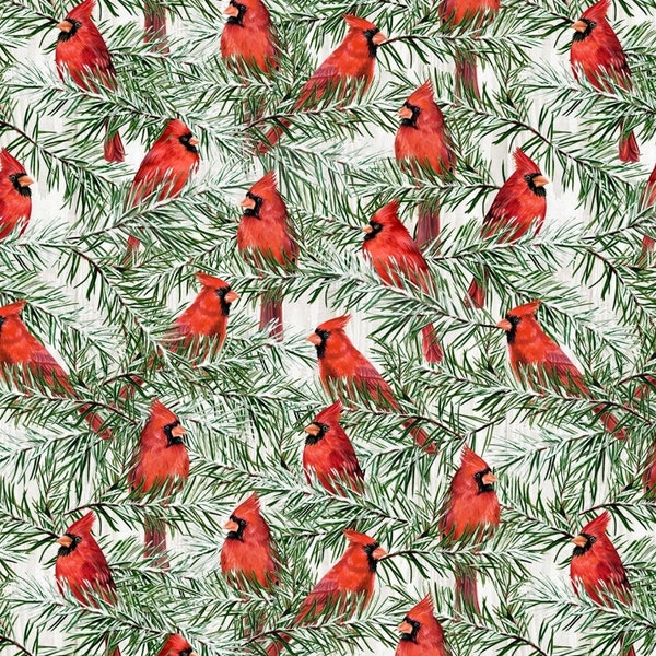 Country Cardinals Light Gray Packed Cardinals By Danielle Murray For Wilmington Prints 44/45 100% Cotton, Cardinal Fabric, Pine Tree Fabric