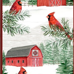 Country Cardinals Panel 24"x44" by Danielle Murray Collection For Wilmington Prints, Barn Panel,  Cardinal Panel,  Winter Fabric,  Christmas