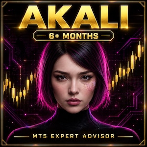 Peut inclure: Un graphique numérique affichant le texte AKALI, 6+ MONTHS et MT5 EXPERT ADVISOR en lettres dorées. La figure centrale est une personne aux cheveux courts foncés avec des reflets roses, portant un haut noir, sur un fond sombre avec des graphiques boursiers en chandeliers dorés et des lignes de circuit imprimé violettes.