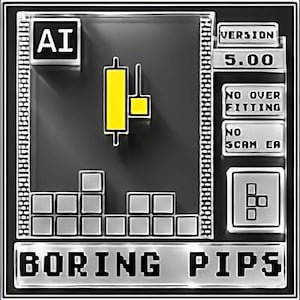 Peut inclure: Une broche métallique carrée avec un cadre noir et argenté et un écran numérique. L'écran affiche deux graphiques en chandeliers jaunes au-dessus d'une grille de carrés argentés. Le texte inclut AI, VERSION 5.00, NO OVER FITTING, NO SCAM EA et BORING PIPS.