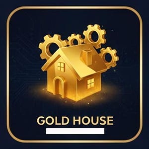 Peut inclure: Une icône de maison dorée centrée au-dessus du texte GOLD HOUSE, avec quatre engrenages mécaniques positionnés derrière le toit. Le design est placé sur un fond bleu foncé avec une fine bordure dorée encadrant tout le graphique carré.