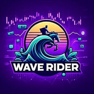 Peut inclure: Un logo circulaire représentant la silhouette d'une personne montant un cheval sur une grande vague océanique turquoise devant un coucher de soleil. Le design inclut des graphiques financiers et le texte WAVE RIDER en lettres blanches sur fond violet.