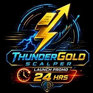 Può includere: Una grafica digitale che presenta un'icona a forma di fulmine dorato con un lingotto d'oro etichettato FINE GOLD, su uno sfondo scuro con motivi a circuito blu. Il testo recita THUNDERGOLD SCALPER, LAUNCH PROMO e 24 HRS con un'icona di orologio.
