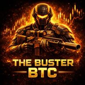 Puede incluir: Una ilustración digital de un soldado futurista con armadura oscura y visera naranja brillante, sosteniendo un rifle. El fondo presenta una luz naranja ardiente y un gráfico bursátil. El texto THE BUSTER BTC aparece en letras doradas.