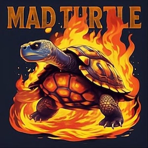 Peut inclure: Une illustration graphique représentant une tortue entourée de flammes orange et jaunes vives sur un fond sombre. Le texte MAD TURTLE est imprimé en grandes lettres orange en gras en haut de l'image. La tortue a une carapace texturée.