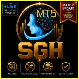 Op de afbeelding: Een zwarte digitale afbeelding met de gouden tekst SGH en MT5. Een blauw silhouet van een menselijk hoofdprofiel is bedekt met een netwerk van stippen en lijnen. Tekst bevat LIVE REAL-TIME TRADING, MAJOR UPDATE, NO GRID, NO MARTINGALE, PROPI FIRMS OK, SL PROTECTION.