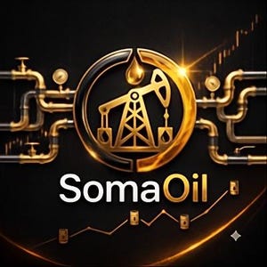 Könnte beinhalten: Ein goldenes und schwarzes kreisförmiges Logo mit einem Ölpumpen-Symbol und einem Tropfen darüber, flankiert von metallischen Rohren und Messgeräten. Unter dem Emblem steht der Text SomaOil in Weiß und Gold vor einem dunklen Hintergrund mit steigendem Graph.