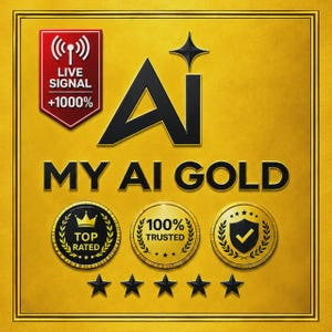 Peut inclure: Un design graphique doré avec le texte noir MY AI GOLD, un écusson rouge portant l'inscription LIVE SIGNAL +1000%, et trois badges dorés circulaires marqués TOP RATED, 100% TRUSTED et une coche, avec cinq étoiles noires en bas.