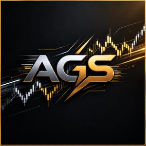 May include: The letters AGS are displayed in a bold, metallic font with a silver A and a gold G and S. The design is set against a black background featuring white and gold financial candlestick chart patterns and light streaks.