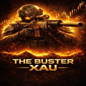May include: A soldier in tactical gear and a helmet aims a rifle with a scope, surrounded by intense orange flames and glowing embers. The text THE BUSTER XAU is displayed in bold gold lettering at the bottom against a dark, fiery background.
