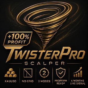 May include: A black graphic featuring a gold metallic tornado icon above the text +100% PROFIT TWISTERPRO SCALPER. Below are five gold icons with text: XAUUSD, NO GRID, 2 MODES, PROFIRM READY, and 6 MONTHS LIVE SIGNAL with an upward trend graph.