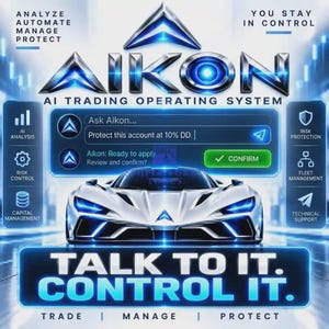 Puede incluir: Un gráfico digital para Aikon AI Trading Operating System con un coche deportivo blanco, detalles azules brillantes y texto que incluye Analyze, Automate, Manage, Protect, You Stay In Control, Ask Aikon, Protect this account at 10% DD, y Talk To It. Control It.