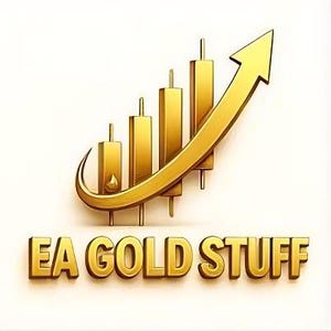 May include: A gold-colored graphic logo featuring a series of five vertical candlestick chart bars of varying heights, intersected by a curved upward-pointing arrow. Below the graphic, the text EA GOLD STUFF is displayed in gold letters.