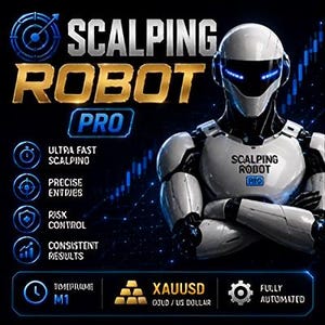 Può includere: Un grafico digitale raffigurante un robot umanoide bianco e nero con occhi blu luminosi. Il testo recita Scalping Robot Pro, Ultra Fast Scalping, Precise Entries, Risk Control, Consistent Results, M1, XAUUSD Gold/US Dollar e Fully Automated.