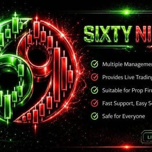 Puede incluir: Un gráfico digital con el texto SIXTY NINE EA en verde y rojo. Un número 69 grande está formado por gráficos de velas de trading verdes y rojos. Una lista de características incluye Multiple Management Strategies, Provides Live Trading Signals, Suitable for Prop Firms, Fast Support, Easy Setup, Safe for Everyone y una insignia de LIMITED EDITION.