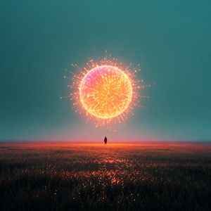 Peut inclure: Une sphère rayonnante orange et jaune avec des rayons lumineux s'étendant vers l'extérieur, suspendue au-dessus d'un champ sombre et texturé. Une petite silhouette solitaire se tient sur l'horizon sous l'orbe lumineux sur un ciel sarcelle.