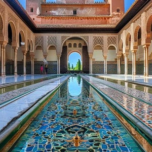 Puede incluir: Un patio simétrico con una larga piscina reflectante, con intrincados mosaicos azules y turquesas. Pasillos arqueados y columnas flanquean la piscina, que conduce a un arco distante. La arquitectura es una mezcla de tonos beige y marrón rojizo.