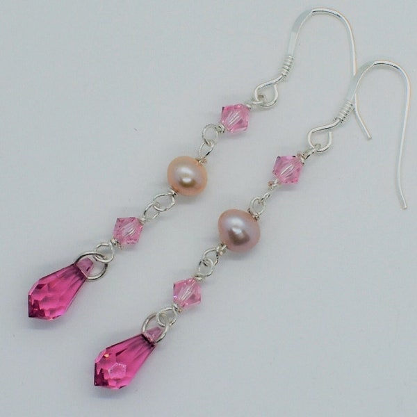 Boucles d'oreilles en argent 925/1000 , perles d'eau douce et en cristal