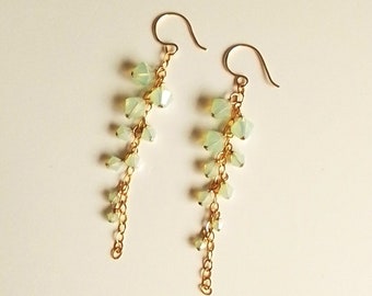 Long earrings, hooks and Gold Filled chain, crystal beaded beads