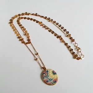 Double row necklace, stainless steel chains and polymer clay pendant with floral motif