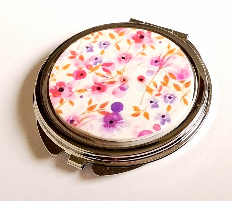 Bag mirror decorated with polymer clay floral pattern image 1