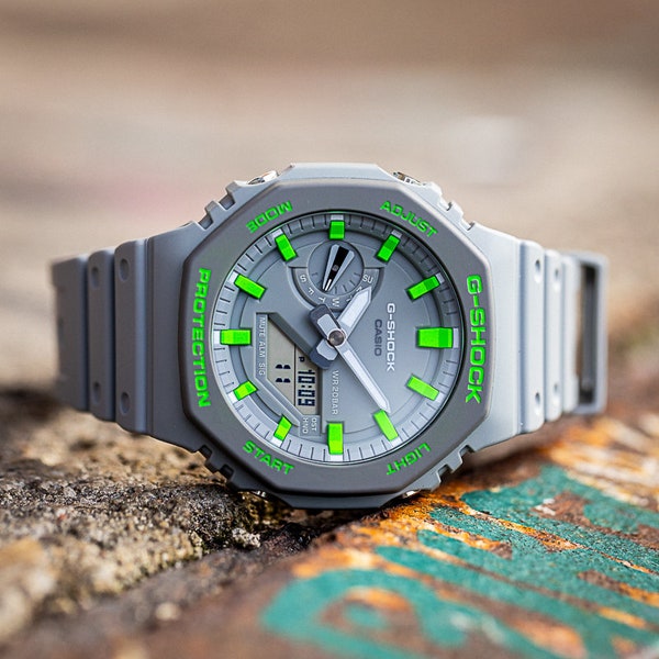 Casio G Shock Grey / UV Green - Casio mod - Wrist watch - One year anniversary gifts for boyfriend 1st anniversary gift for husband