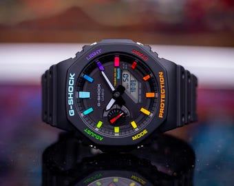 Casio Mod GShock GA-B2100 Black & Rainbow - High-Quality CasiOak Mod - Customized Hand painted wrist watch