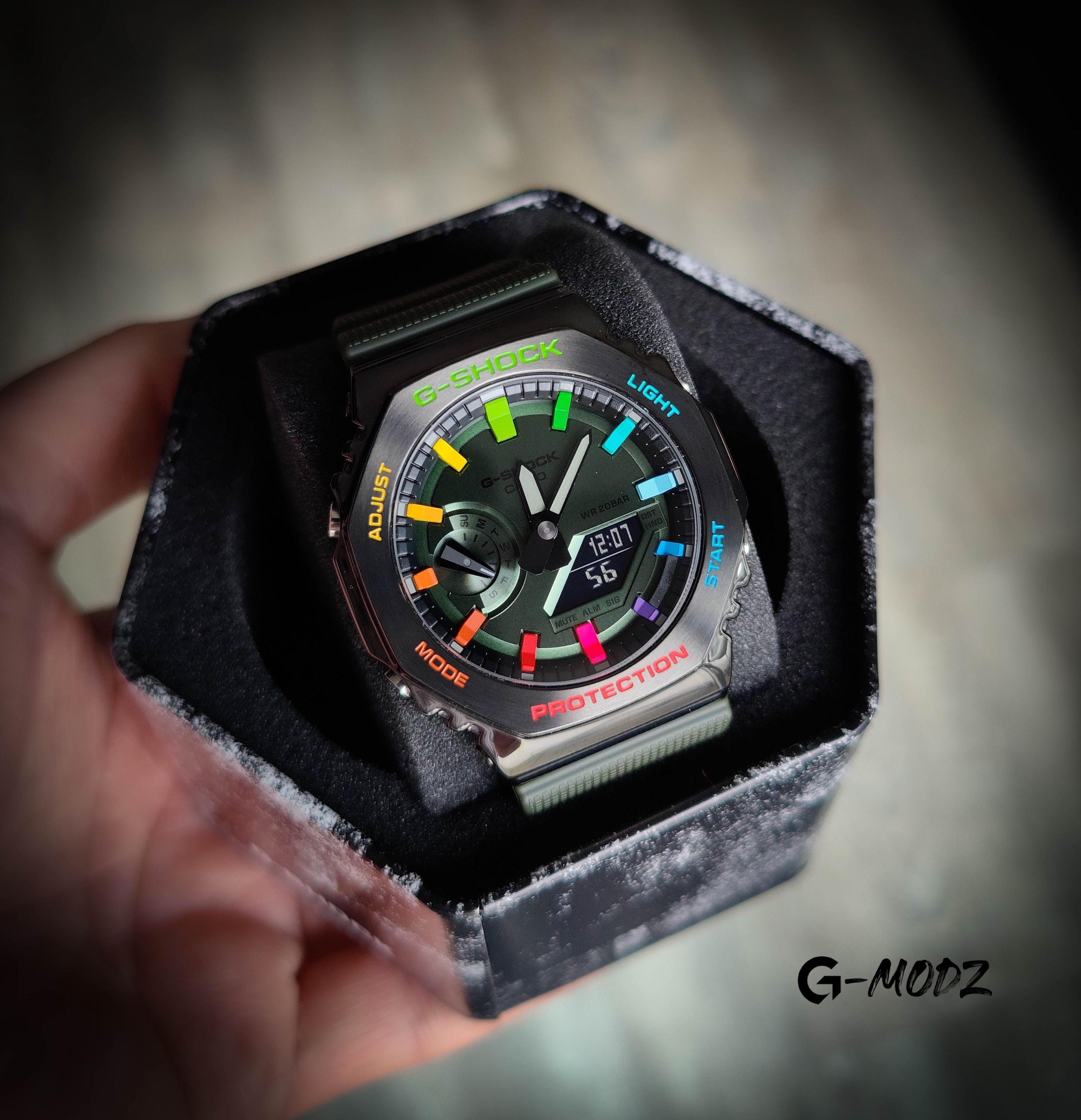 Hand Painted G-shock Green GM-2100 Rainbow | Artist Casioak Mod