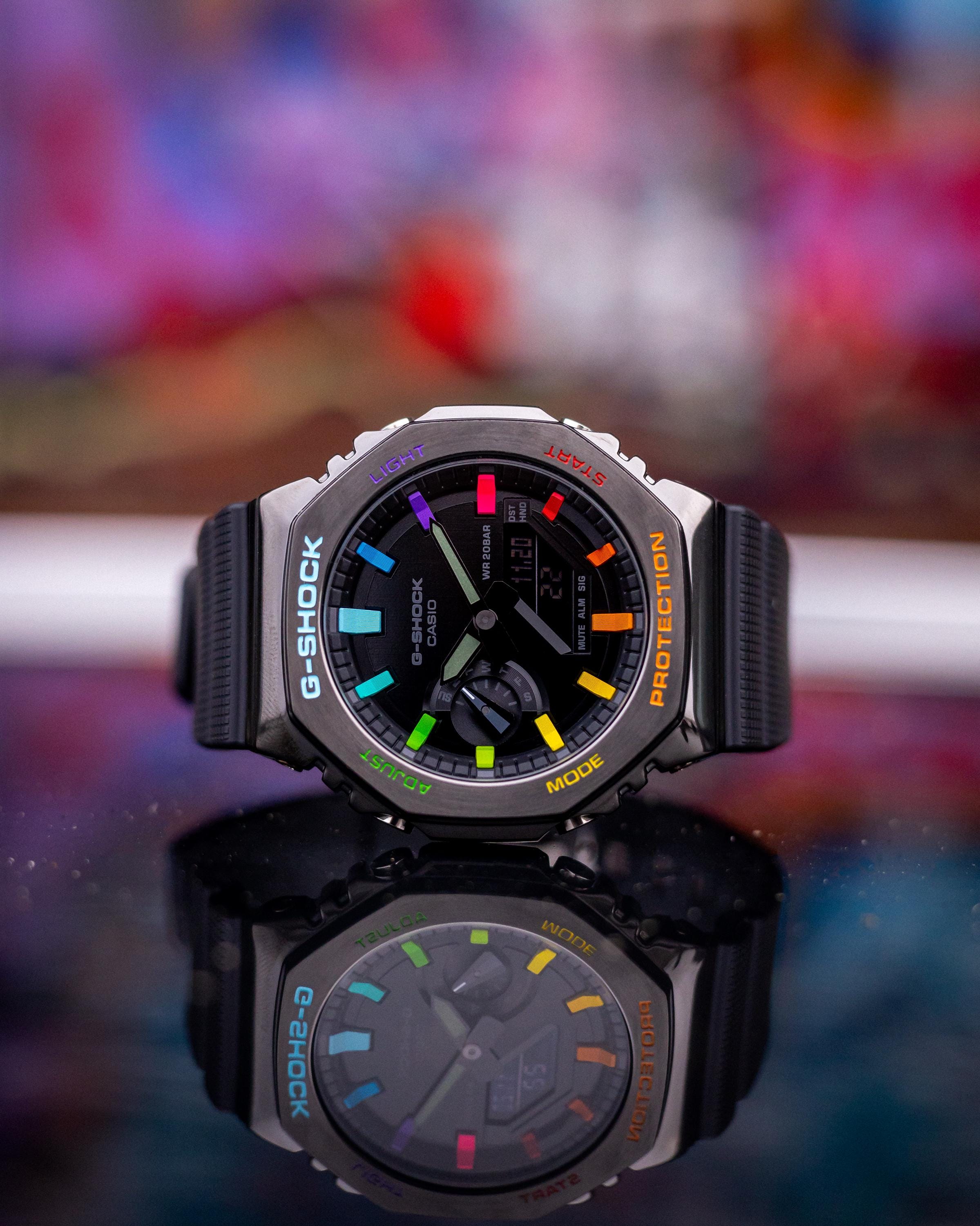 Casio G Shock Black Steel Rainbow CasiOak mod Wrist watch One year anniversary gifts for boyfriend 1st anniversary gift for husband