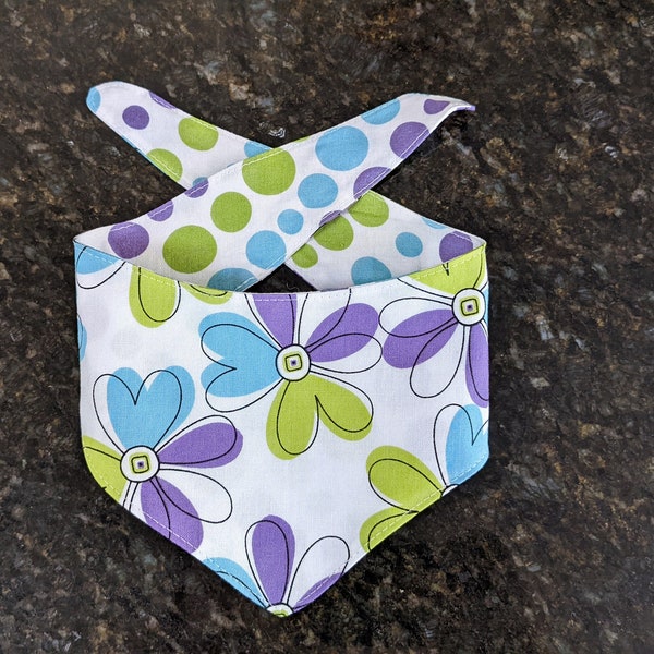 Abstract Flower Bandana for Dogs with Reversible Polka Dot- Small (large dots) Medium (large dots) Large (large dots) Extra Large (purple)