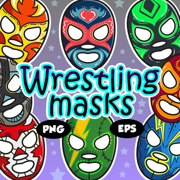 Luchador masks clipart png, Wrestling masks bundle, Mexican mask Wrestling, Festival, Mexico Mask, Lucha Libre masks, Sports Digital ClipArt