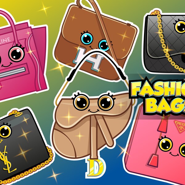 Luxury handbags chibi clipart, fashion handbag digital clip art, fashion girls clipart, chibi characters bundle, Fashion accessories clipart