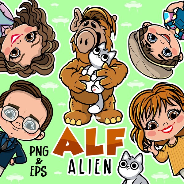 Alf alien family clipart, Alf alien bundle, cute friends kids, ALF Gordon Shumway, Alf sitcom, Tanner family, TV series 80s, Alf and cat