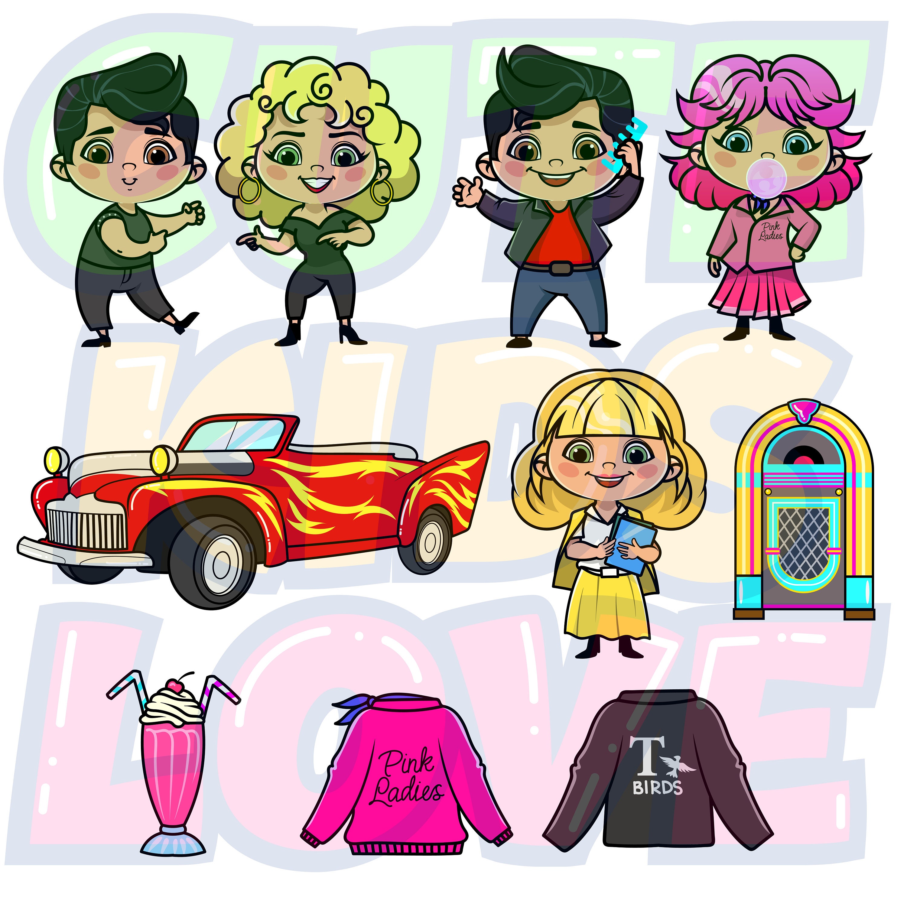 Grease Clipart 50s Retro Clipart Cute Kids Clipart Pink Etsy UK