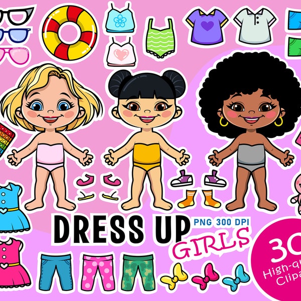 Cute paper dolls clipart, dress up girls, cute girls fashion clipart png, outfits png clipart, paper doll digital images