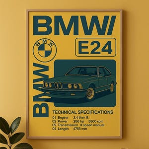 BMW E24 Print, 635CSi Art, Vintage Car Poster, Classic BMW Wall Art, Automotive Decor, Digital Download, Blueprint Style, Man Cave Gift