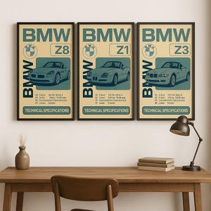 BMW Z Series Poster Set – BMW Z1 Z3 Z8 Vintage Car Print Bundle | Retro Wall Art for Garage, Office, or Man Cave | A1 Size Automotive Decor