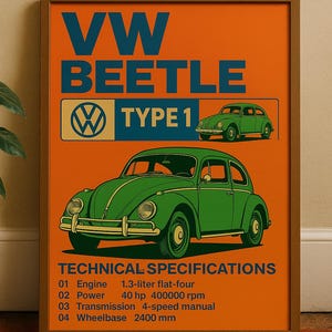 VW Beetle Print, Volkswagen Retro Car Art, Type 1 Poster, Vintage Wall Decor, Man Cave Gift, A1 Digital Download, Printable Art