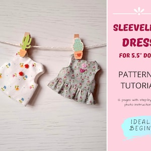 SLEEVELESS DRESS Sewing Pattern for 5 inch Doll — DIY Miniature baby doll clothes, Dress up doll pattern, 5 inch tiny doll clothes pattern
