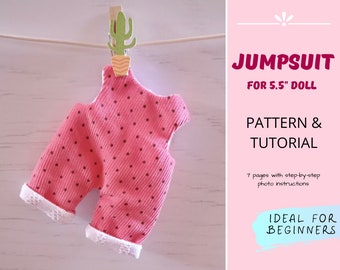 Patrón de costura JUMPSUIT para muñeca de 5 pulgadas: patrón de ropa de muñeca bebé de 5 pulgadas, mono de muñeca pequeña, patrón de ropa en miniatura, vestir muñeca