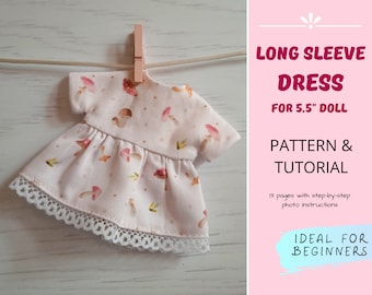 LONG SLEEVE DRESS Sewing Pattern for 5 inch Doll — Bricolage vêtements pour poupée bébé miniature, modèle Pdf d'habillage de poupée, vêtements de petite poupée de 5 pouces