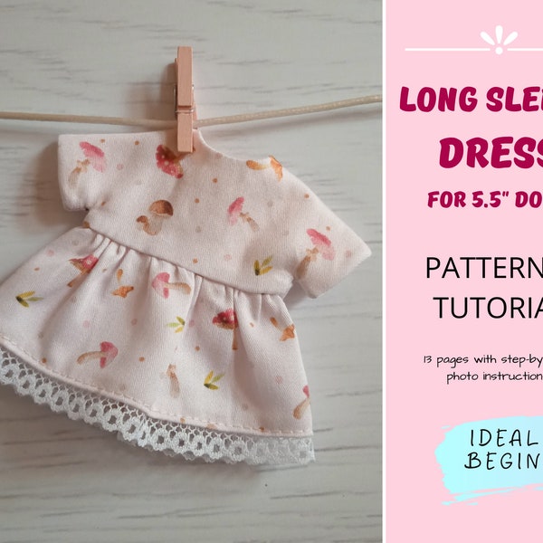 LONG SLEEVE DRESS Sewing Pattern for 5 inch Doll — Diy Miniature baby doll clothes, Dress up doll Pdf pattern, 5 inch tiny doll clothes