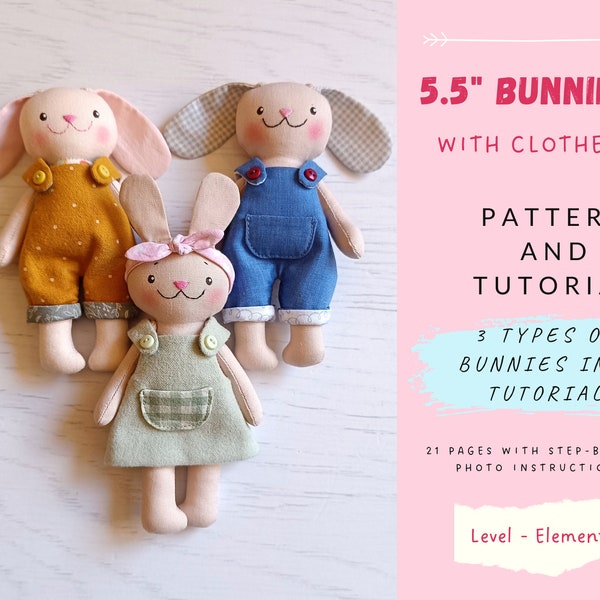 5,5 inch Bunny rag doll Sewing Pattern, Tiny Bunny Pattern, Baby Pocket Bunny Pattern, Easy Pattern, Soft Doll Pattern, Doll Clothes Pattern