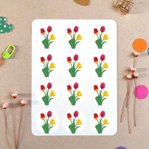 Hoja de pegatinas de tulipanes redondos, sello de sobre con flores