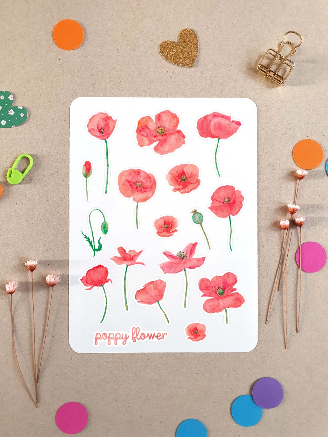 Red Poppy Flower Sticker Sheet: Watercolor Floral Art - Etsy
