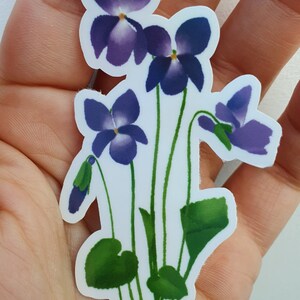 May include: A sticker featuring a cluster of purple and green flowers. The flowers are stylized and have a watercolor-like appearance. The sticker is on a white background.