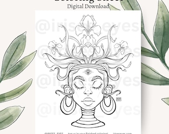 Schwarze Frau Planter Kopf Malseite | Iris Flower Frühlingskunst (digitaler Download) | 8x10