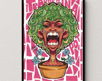 Gefangen in einem Pot Art Print 8x11,5 | Schwarze Frau Blumen Kunst | Skurril Blumen Illustration Wand Dekor | Hergestellt von Iris Eyes